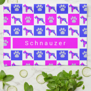 Schnauzer Dog & Paw Hot Pink & Blue Tea Towel