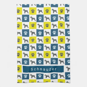 Schnauzer Dog & Paw Yellow & Blue Grid Tea Towel