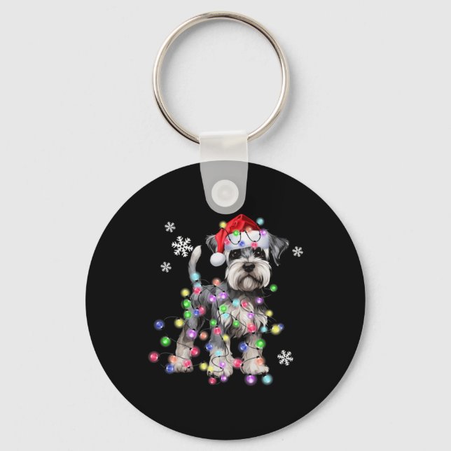 Schnauzer Dog Reindeer Christmas Lights Ugly Xmas  Keychain (Front)