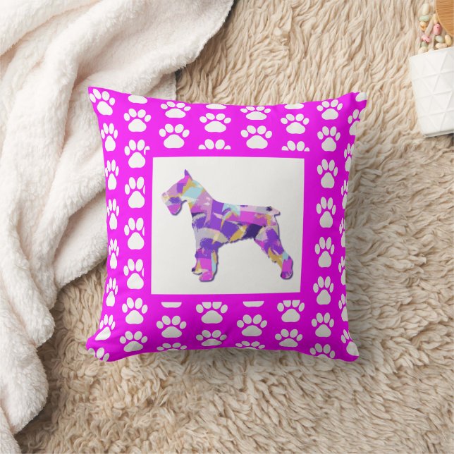 Schnauzer Dog Silhouette Paw Pink PY&B Throw Pillow (Blanket)
