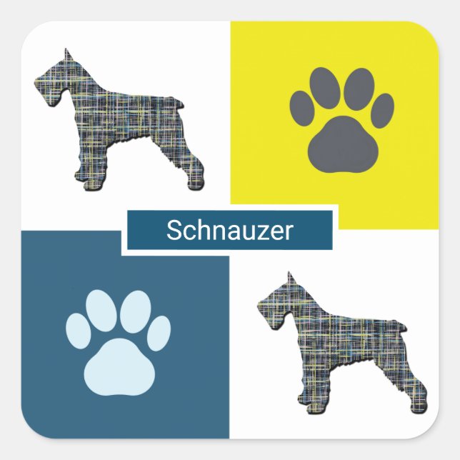 Schnauzer Dog Silhouette & Paw Print Y&B Grid Square Sticker (Front)