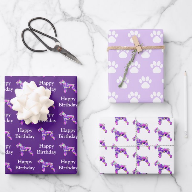 Schnauzer Dog Silhouette Purple Happy Birthday Wrapping Paper Sheet (Front)