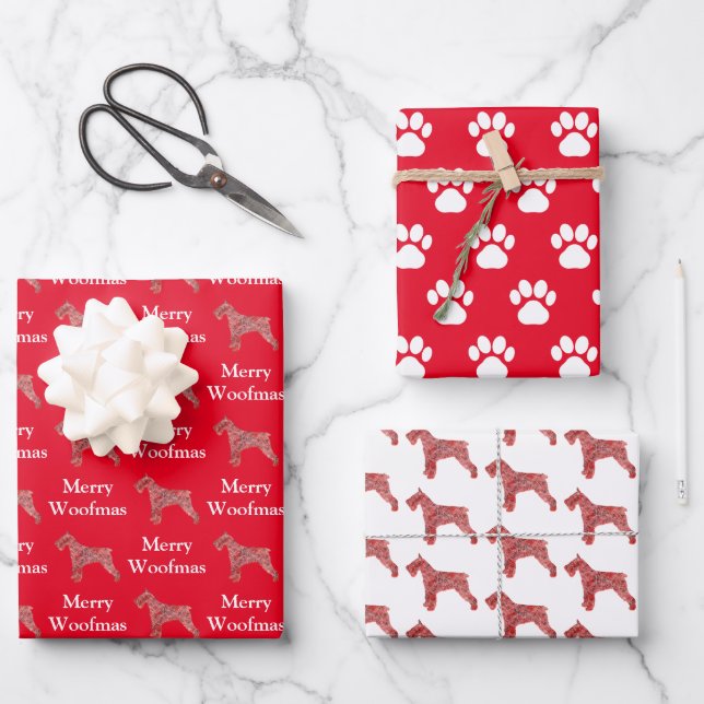Schnauzer Dog Silhouette Red Merry Woofmas Wrapping Paper Sheet (Front)