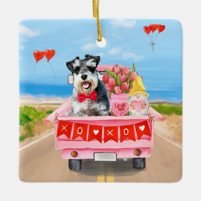 Schnauzer Dog Valentine's Day Truck Hearts Ceramic Ornament (Front)