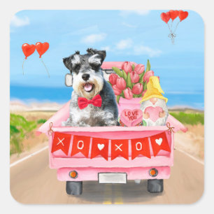 Schnauzer Dog Valentine's Day Truck Hearts Square Sticker
