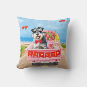 Schnauzer Dog Valentine's Day Truck Hearts  Throw Pillow