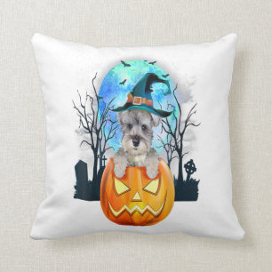 Schnauzer Dog Witch Hat Halloween Pumpkin Gift Throw Pillow