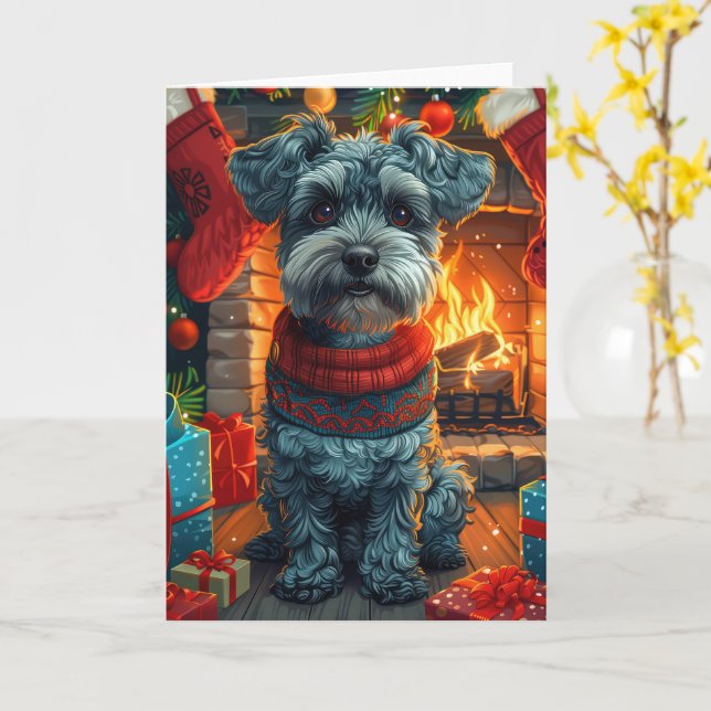 Schnauzer Dog With Christmas Gifts Fireplace Card (Yellow Flower)