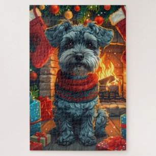 Schnauzer Dog With Christmas Gifts Fireplace Jigsaw Puzzle