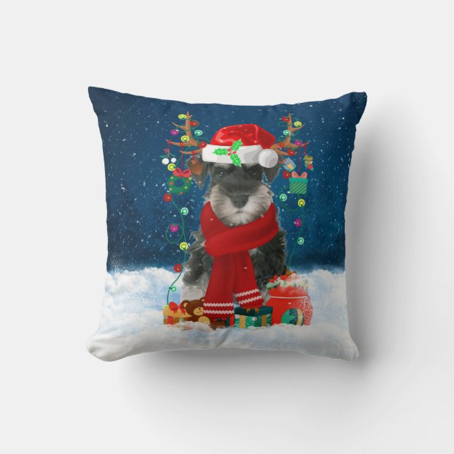 Schnauzer dog with Christmas gifts Throw Pillow (Front)