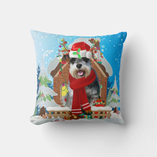 Schnauzer dog with Christmas gifts Throw Pillow (Front)