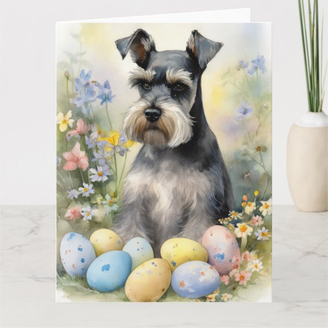 Schnauzer Dog with Easter Eggs Holiday  Card (Front)