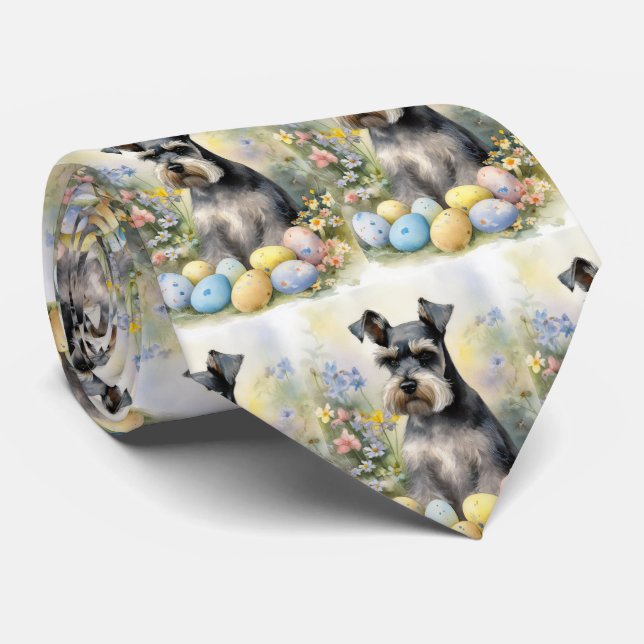 Schnauzer Dog with Easter Eggs Holiday  Tie (Rolled)