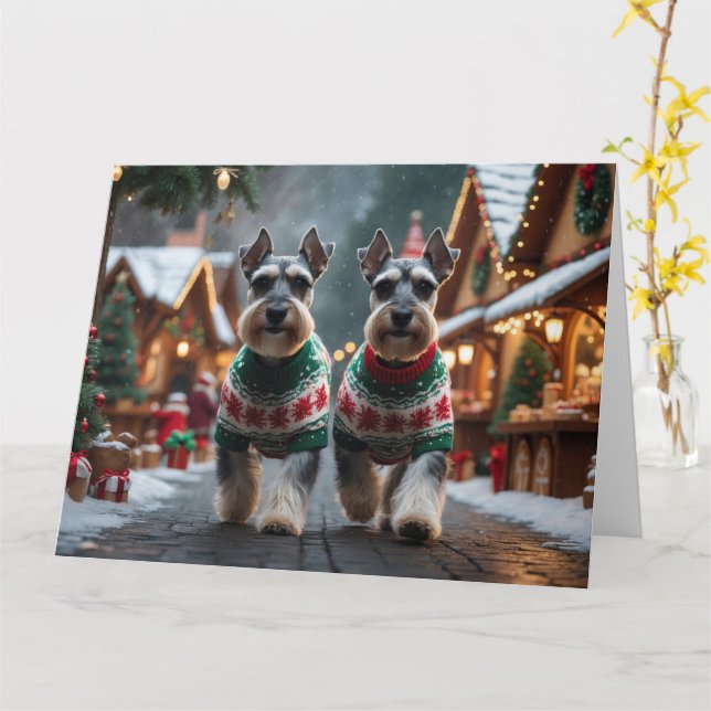 Schnauzer Dogs Christmas Snow Holiday  Card (Yellow Flower)