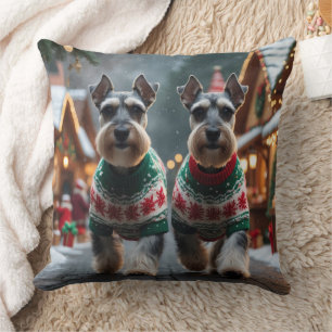 Schnauzer Dogs Christmas Snow Holiday  Throw Pillow