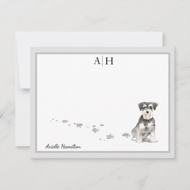 Schnauzer Grey Border Monogram Personalized Card (Front)