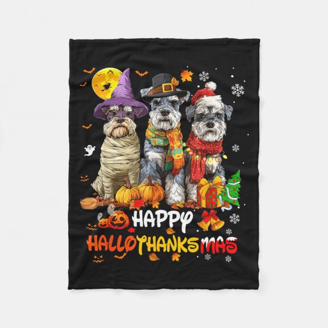 Schnauzer Happy Hallothanksmas Dog Lover Christmas Fleece Blanket (Front)