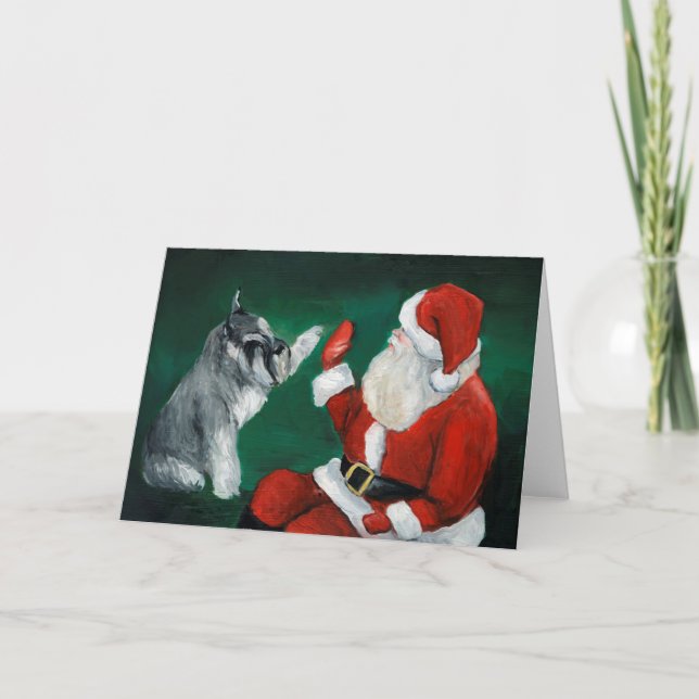 Schnauzer High Five Santa Christmas Holiday Card (Front)