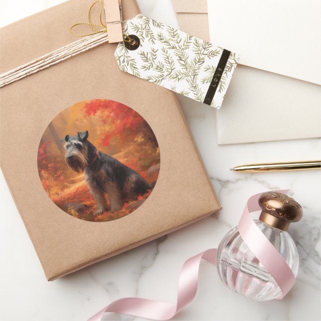 Schnauzer in Autumn Leaves Fall Inspire Classic Round Sticker (Gifting)