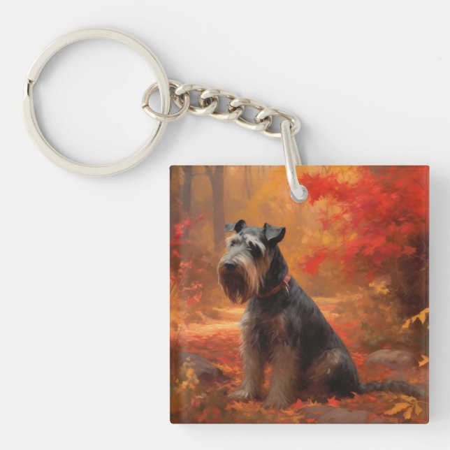 Schnauzer in Autumn Leaves Fall Inspire Keychain (Front)