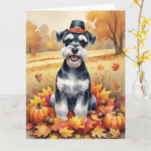 Schnauzer In Autumn Leaves Thanksgiving Art  Card