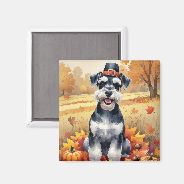 Schnauzer In Autumn Leaves Thanksgiving Art  Magnet (Front/Back)