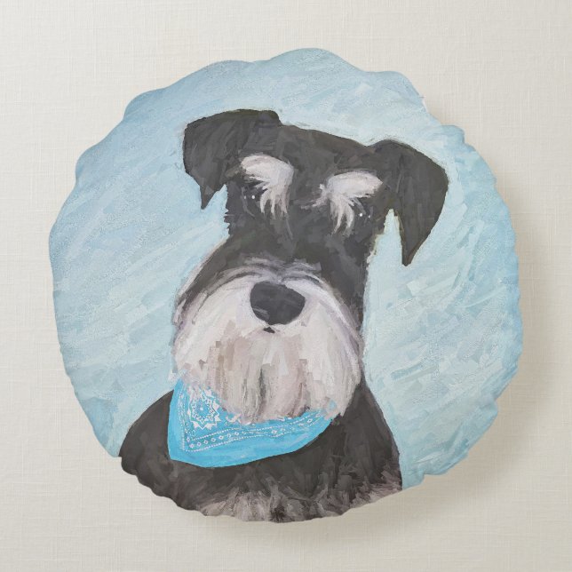 Schnauzer (Miniature) Painting - Cute Original Dog Round Pillow (Back)