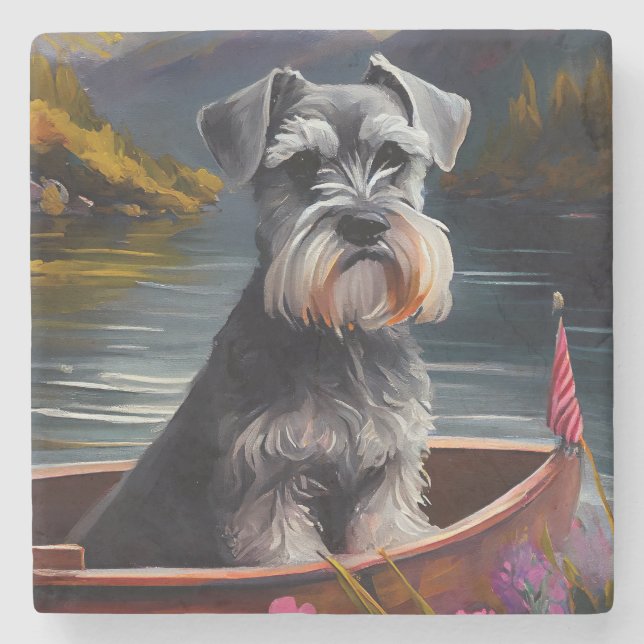 Schnauzer on a Paddle: A Scenic Adventure Stone Coaster (Front)