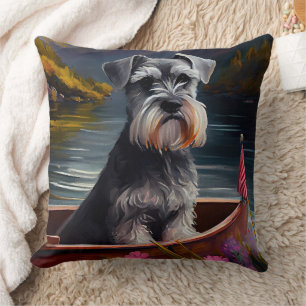 Schnauzer on a Paddle: A Scenic Adventure Throw Pillow