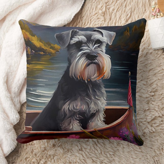 Schnauzer on a Paddle: A Scenic Adventure  Throw Pillow (Blanket)