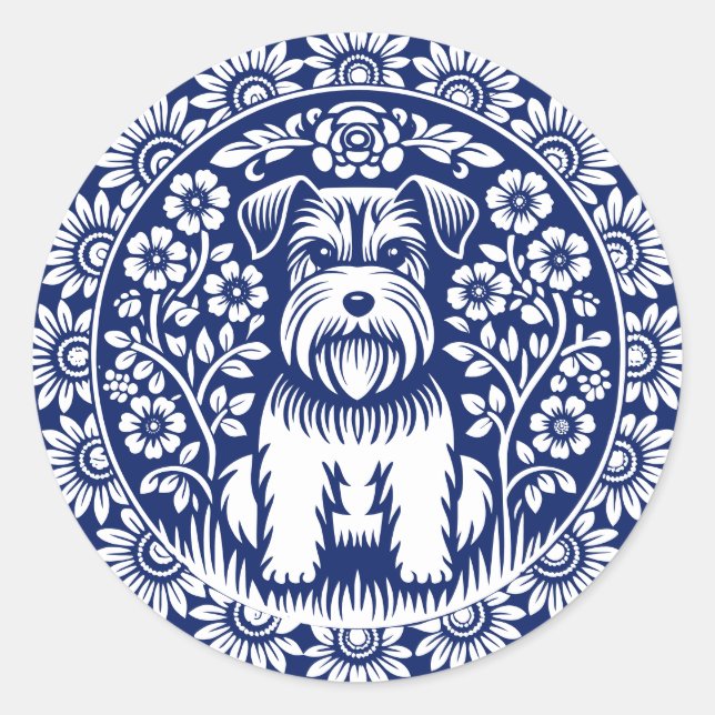Schnauzer or Norfolk Terrier Charming Folk Art Classic Round Sticker (Front)