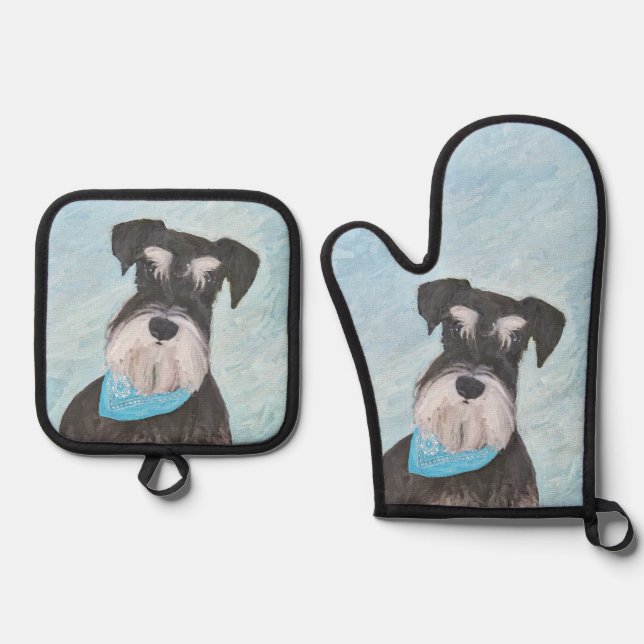 Schnauzer Painting Miniature Uncropped Pet Dog Art Oven Mitt & Pot Holder Set (Front)