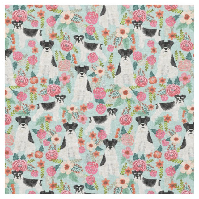 schnauzer parti vintage florals mint fabric (Close Up)