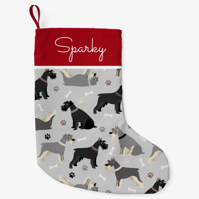 Schnauzer Paws and Bones Custom Name Small Christmas Stocking (Front)