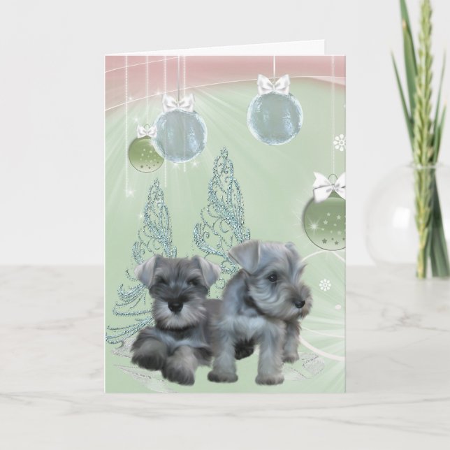 Schnauzer Puppies rose et verte carte de Noël (Devant)