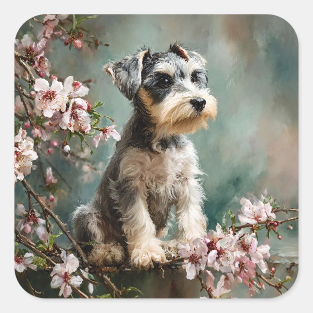 Schnauzer Puppy Among Spring Cherry Blossoms Square Sticker (Front)