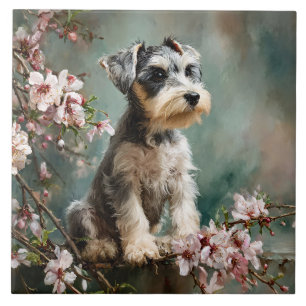 Schnauzer Puppy Among Spring Cherry Blossoms Tile