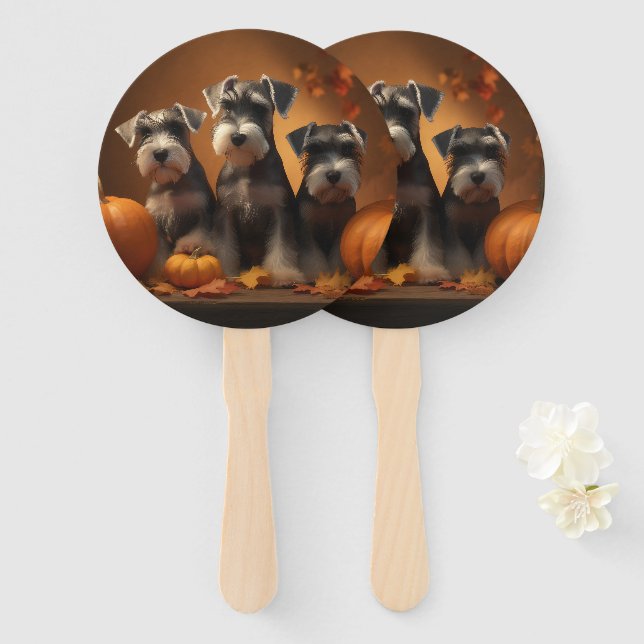 Schnauzer Puppy Autumn Delight Pumpkin  Hand Fan (Front and Back)
