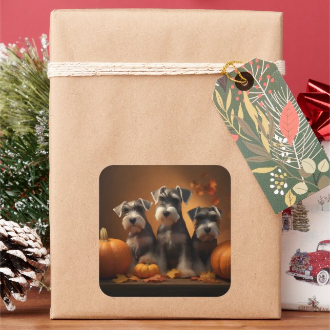 Schnauzer Puppy Autumn Delight Pumpkin  Square Sticker (Holiday)