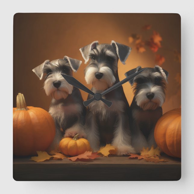 Schnauzer Puppy Autumn Delight Pumpkin  Square Wall Clock (Front)