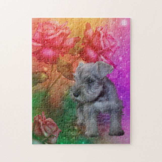 Schnauzer Puppy Fantasy Roses Dog Art Jigsaw Puzzle (Vertical)
