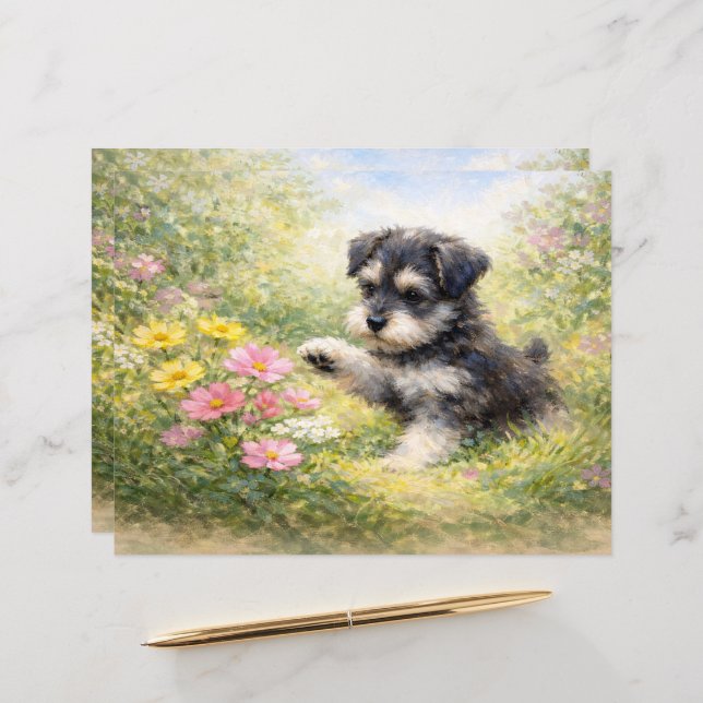 Schnauzer Puppy Springtime Flowers Scrapbook Paper (Front/Back In Situ)