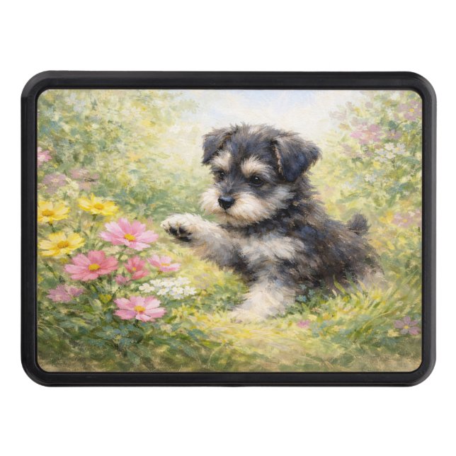 Schnauzer Puppy Springtime Flowers Trailer Hitch Cover (Front)