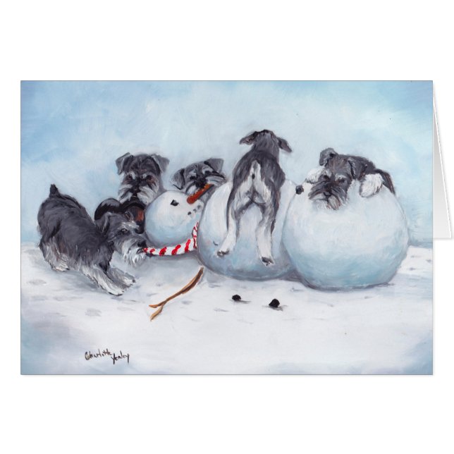 Schnauzer Pups with Snowman Dog Art Greeting Card (Front Horizontal)