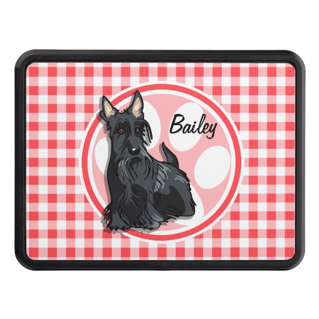 Schnauzer; Red and White Gingham Trailer Hitch Cover (Front)
