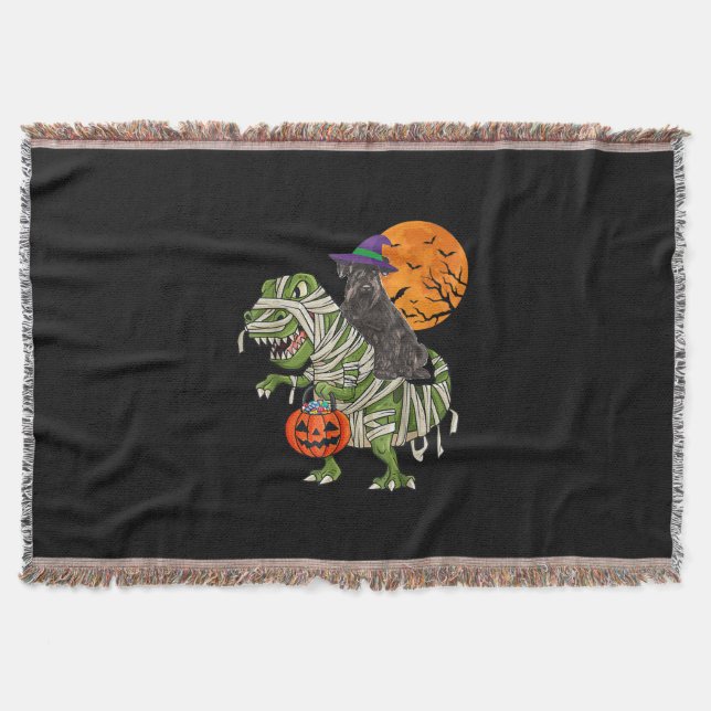 Schnauzer Riding Mummy Halloween Dinosaur Throw Blanket (Front)