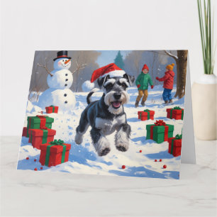 Schnauzer Running in Snow with Christmas Hat Card