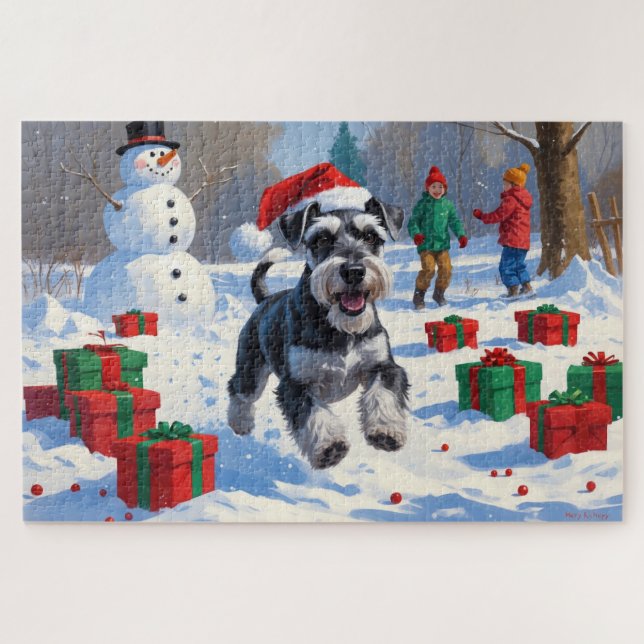 Schnauzer Running in Snow with Christmas Hat Jigsaw Puzzle (Horizontal)
