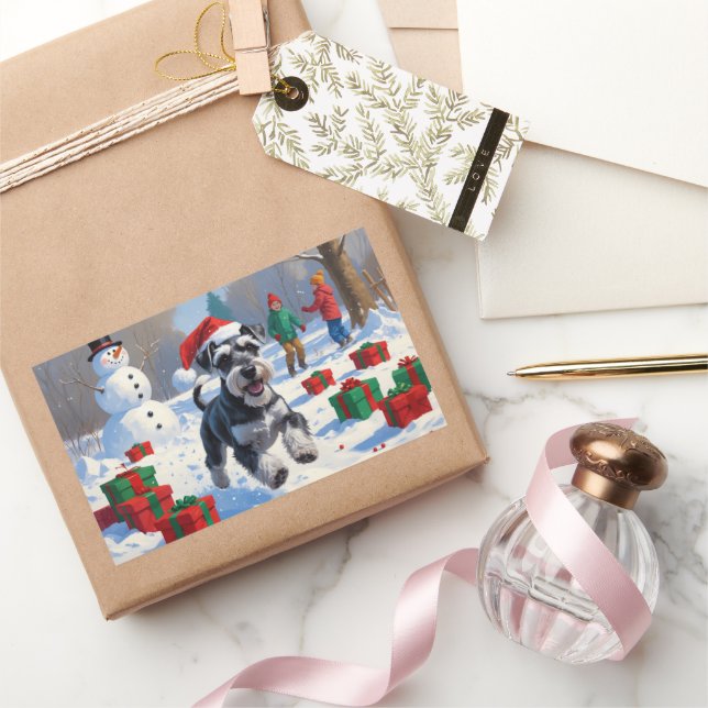 Schnauzer Running in Snow with Christmas Hat Sticker (Gifting)