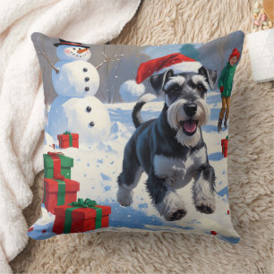 Schnauzer Running in Snow with Christmas Hat Throw Pillow
